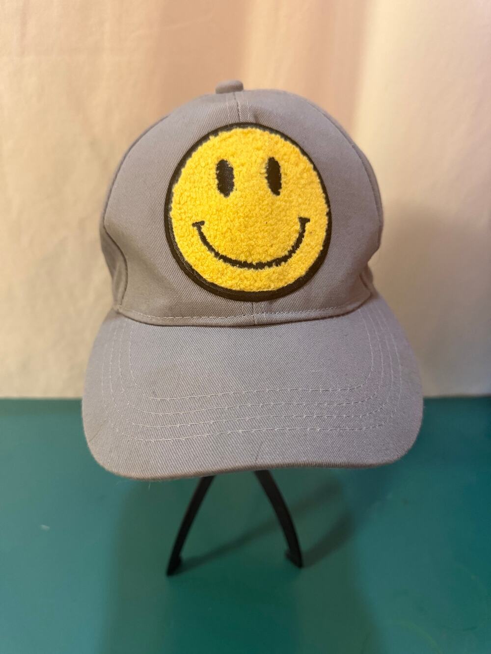 CC Smiley Face Baseball Cap Gray Ponytail Hat Adjustable Velcro Strap